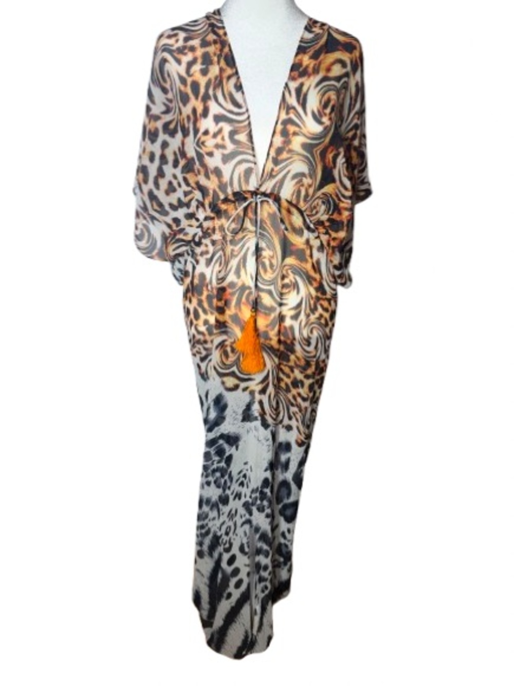 Leopard & Swirl Maxi Sheer Kaftan Dress Beach Cover-up with Orange Tassel